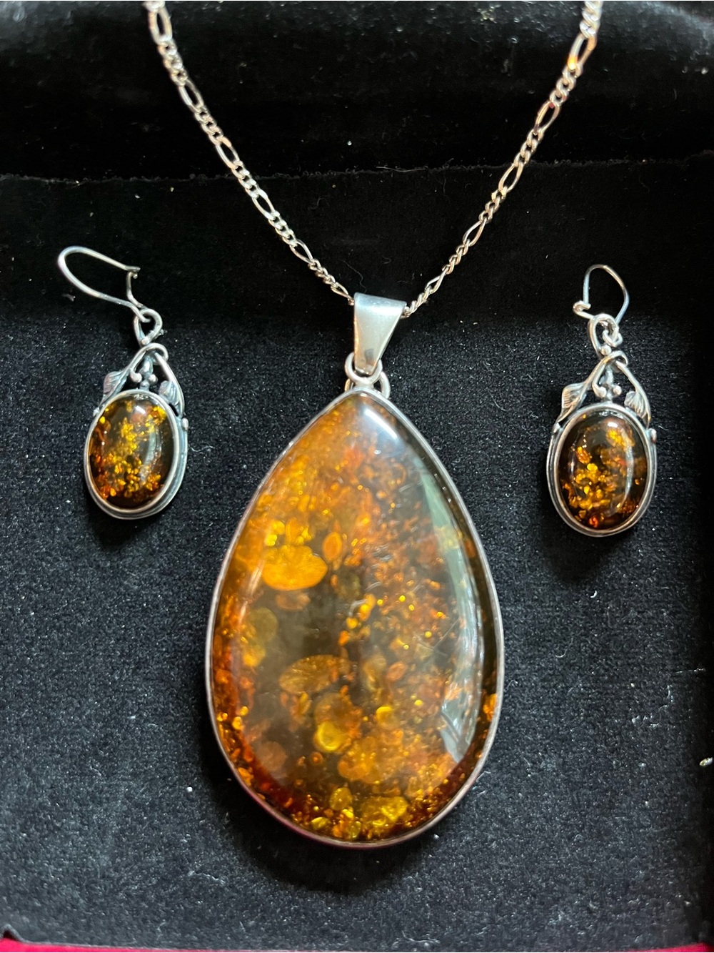Sterling Silver Amber Teardrop Pendant Necklace and Earrings Set - Golden Brown